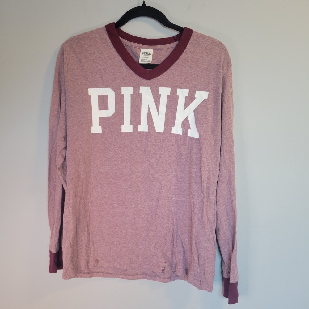 PINK Victoria's Secret Womens Long Sleeve V-Neck T-Shirt Mauve Maroon Logo L